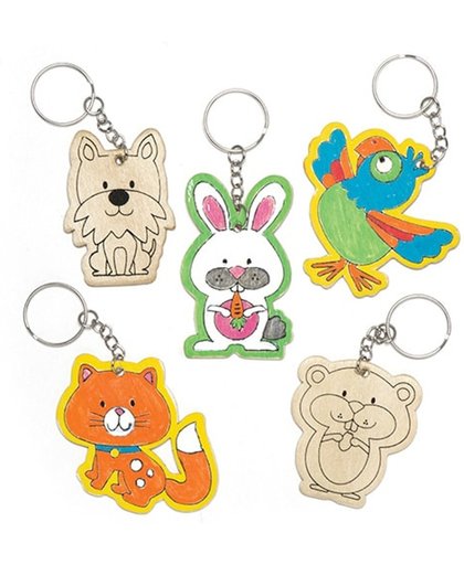 Houten inkleurbare sleutelhangers in de vorm van huisdieren voor kinderen om te maken en versieren - Knutselset voor kinderen (6 stuks per verpakking)