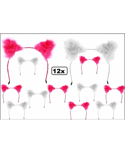 12x Diadeem oortjes pluche pink-wit