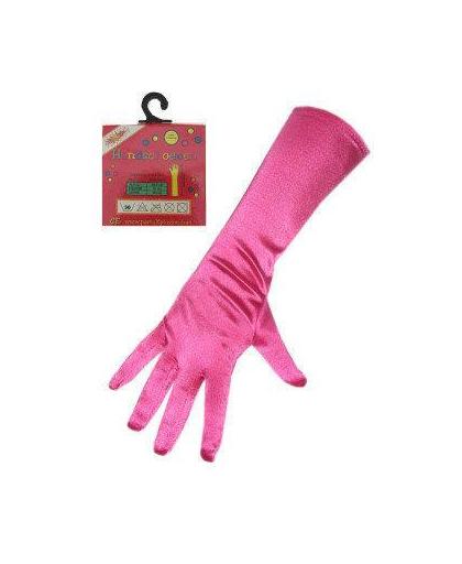 Handschoen satijn hard roze stretch 40cm