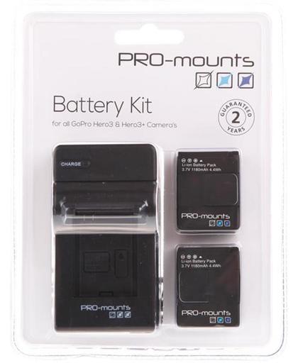Pro-Mounts Battery Kit Lader + accu's voor GoPro Hero3 / 3+