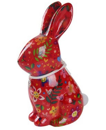 Pomme-pidou spaarpot konijn "Nina" M rood met bloemetjes en blaadjes