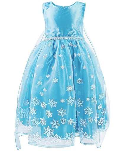 Elsa jurk Sneeuwvlok Luxe 150 met sleep + GRATIS ketting maat 140-146 Prinsessen jurk verkleedkleding