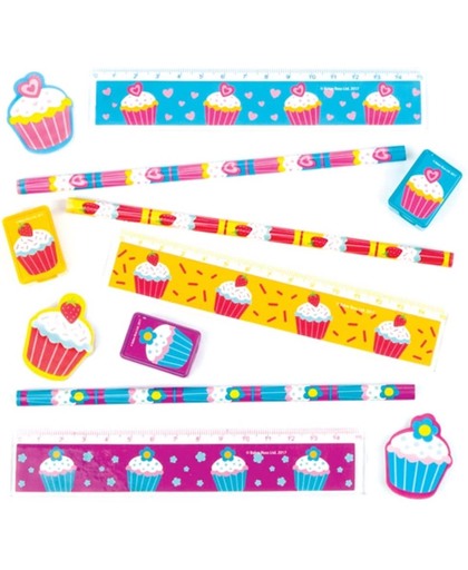4-delige schrijfset met coole cupcakes, voor kinderen – een feestelijke vulling voor uitdeelzakjes (4 per verpakking)