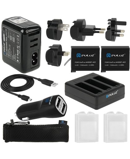 PULUZ 13 in 1 Accessoires Oplader Totale Combo Kit (Muur Lader / thuislader + Accu + Kabel + Autolader + Batterijlader + verzamel zak) voor GoPro HERO 4