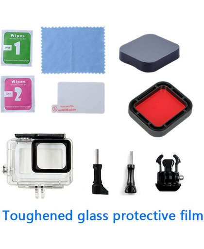 Gopro 5 Accessories Kit - Waterdichte/Waterproof Case met Lens Cover, Displaybeschermer en Lens (H9 Tempered Glass) en Lens Cap Cover, Vezeldoekje en Stof Absobeerder /  Extreem Actie Videocamera