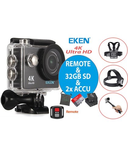 EKEN Action Camera H9R 4K + Afstandsbediening + Wifi + 23 access & 12MP foto met OmniVision Chipsensor 4689 + Sandisk 32GB SD + Extra Accu + Borstband + Hoofdband + Selfie Stick