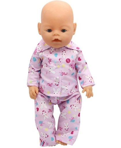 Roze pyjama met konijntjes voor pop 40-46cm zoals Baby Born - Poppenpyjama