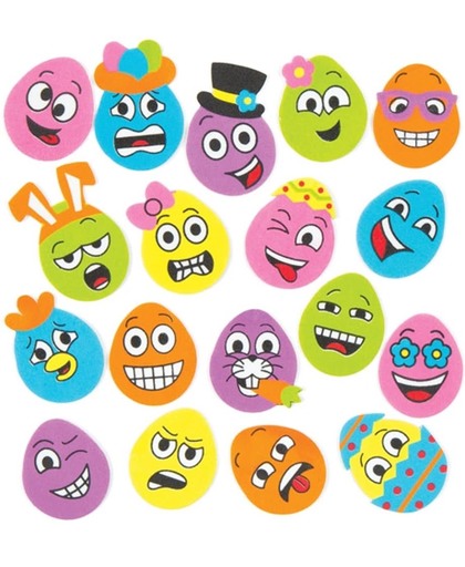 Stickers eieren met een grappig gezicht die kinderen kunnen gebruiken om knutselwerkjes en kaarten mee te versieren en te personaliseren. Scrapbooking-versieringen voor kinderen (verpakking van 90)