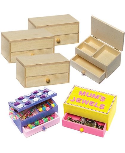 Houten sieradendoosjes die kinderen naar eigen smaak kunnen versieren en ontwerpen (doos van 2)