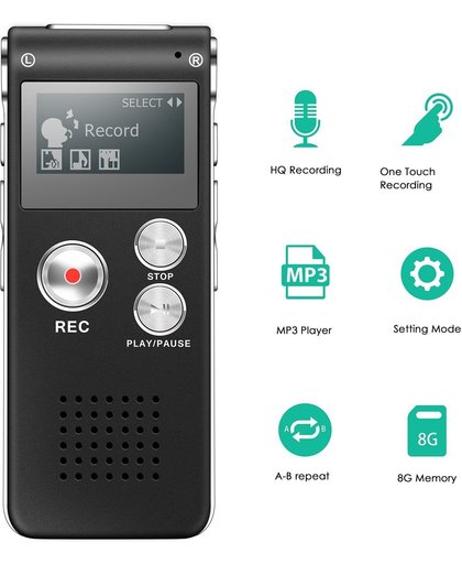 RRJ Voice Recorder Premium - Dictafoon / Memorecorder 8GB - Spraak Recorder met USB / Interne Opslag - Stereo Opname - MET MP3 Speler functie