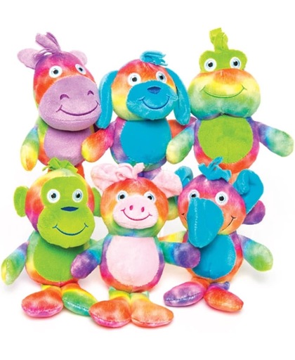 Pluche dierenvrienden in tie-dye kleuren – een leuke vuller voor uitdeelzakjes voor kinderen (6 stuks per verpakking)