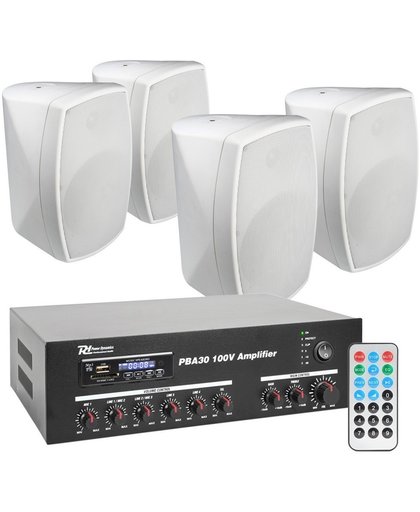 Power Dynamics PBA30 100V geluidsinstallatie met 4 witte weerbestendige 5" opbouw speakers