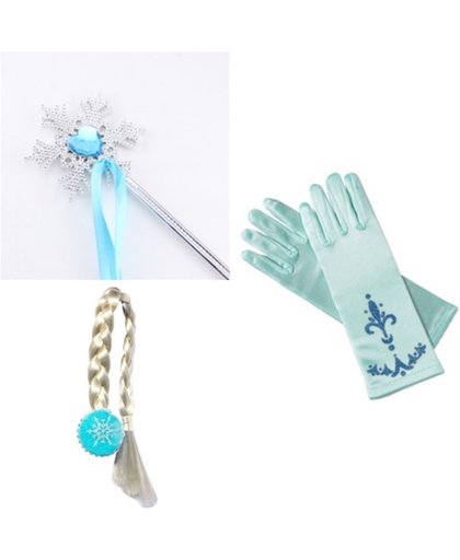 Prinsessen accessoire set blauw - staf, Elsa vlecht + 1 paar handschoenen- Prinses Elsa - verkleedkleding - jurk