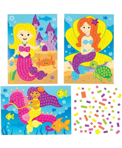 Stickersets met een mozaïekafbeelding van een zeemeermin die kinderen kunnen ontwerpen, maken en ophangen – creatieve zomerknutselset voor kinderen (verpakking van 4)