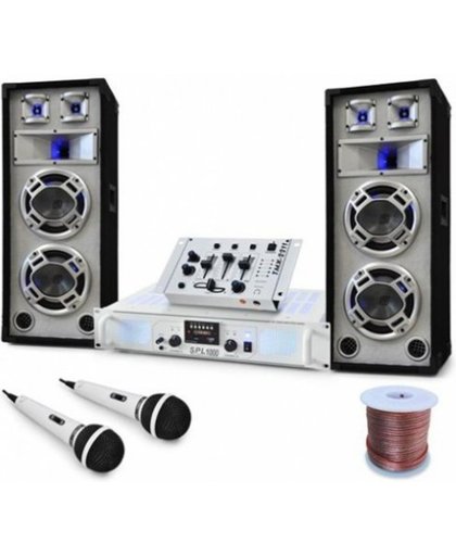 Witte 1200W DJ Set met PA versterker, USB, FM Radio en Disco Luidsprekers met LED verlichting