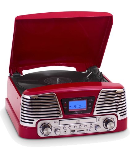 Bigben Interactive Retro platenspeler met CD, radio, USB en meer - metallic rood
