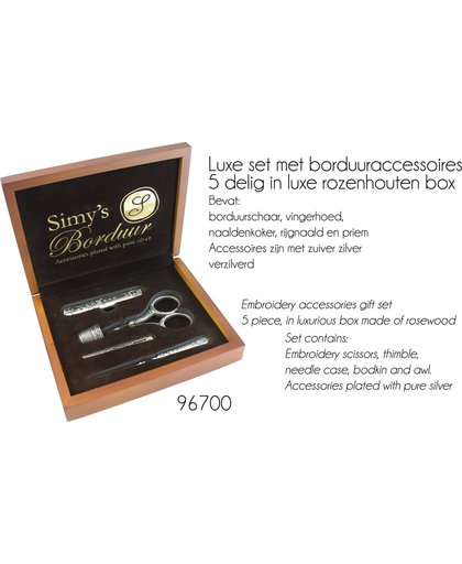Simy's Borduuraccessoires - luxe rozenhouten doosje 5 delig in luxe rozenhouten box, zwaar verzilverd.