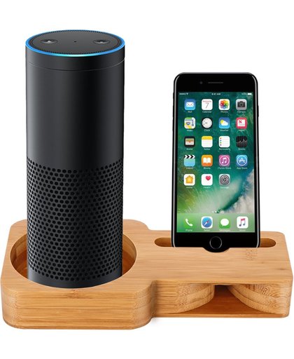 DVSE - bamboe houten bureau houder voor smart speaker & mobiele telefoon, oplaad dock & luidspreker standaard voor Amazon Echo en Dot