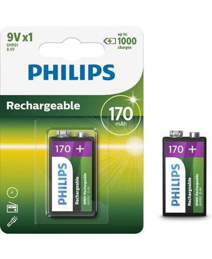 2 Stuks - Philips MultiLife 9V HR22/6HR61 170mAh oplaadbare batterij