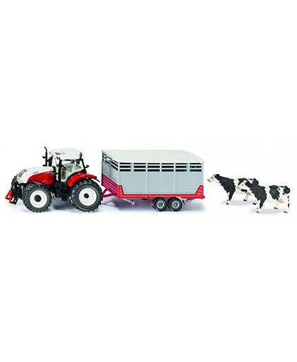 Siku Steyr CVT 6230 tractor met veewagen en 2 koeien rood/wit (3870)