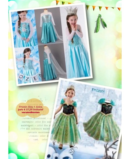 Prinses Elsa verkleed jurk met sleep + Anna jurk maat 98/104 (labelmaat 110)