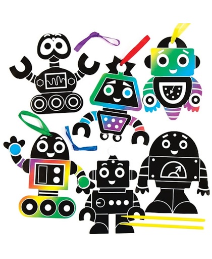 Robotdecoratieset met kraskunst voor kinderen om te ontwerpen, maken en ophangen – creatieve knutselset voor kinderen (verpakking van 10)