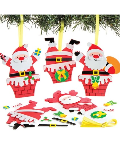Decoratiesets met Kerstman in de schoorsteen. Leuke knutsel- en decoratiesets voor kerst voor jongens en meisjes (verpakking van 6)