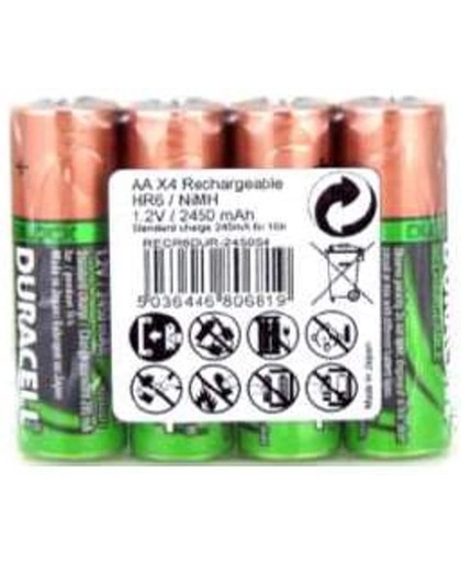 4x Duracell Rechargeable NimH AA 2450mAh in krimpfolie