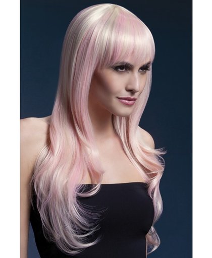 Lange blonde pruik met roze highlights