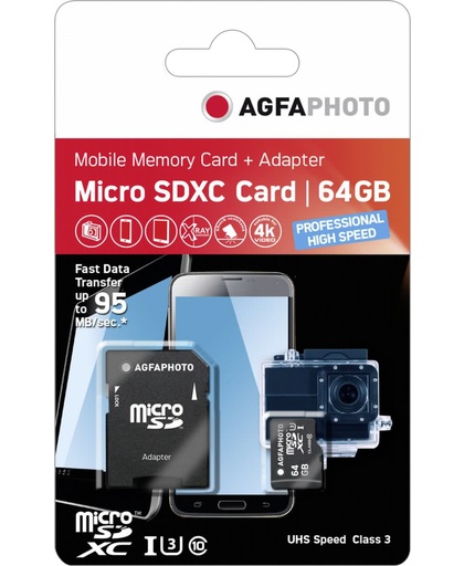 AgfaPhoto Micro SDXC UHS I 64GB Prof. High Speed U3 + Adapter