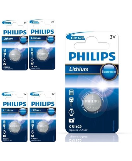 5 Stuks - Philips CR1620 3v lithium knoopcelbatterij