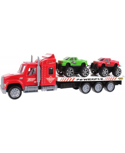 Gearbox autotransporter met monstertrucks 37 cm rood/groen 3 delig