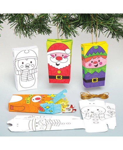 Leuke kerstgeschenkdoosjes voor in de boom die kinderen kunnen inkleuren en in elkaar zetten. Creatief kerstknutselwerkje voor kinderen (8 stuks)