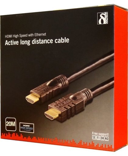 DELTACO HDMI-1200 professionele HDMI kabel met Ethernet en ingebouwde versterking, 19-pin M-M, audio-return, geschikt voor 4K & 3D signalen, 20m