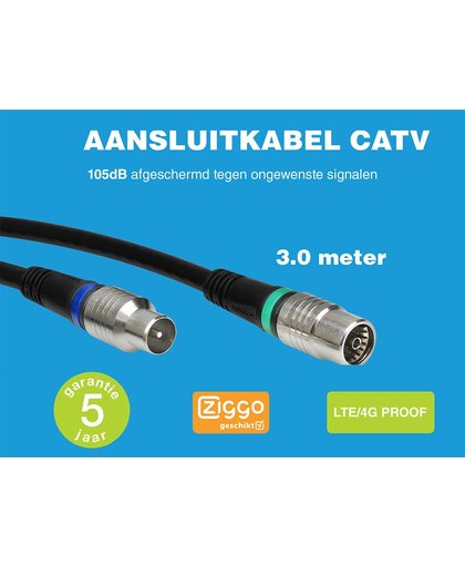 Technetix Coaxkabel CATV 3 mtr. Zwart 4G/LTE-Proof Ziggo geschikt