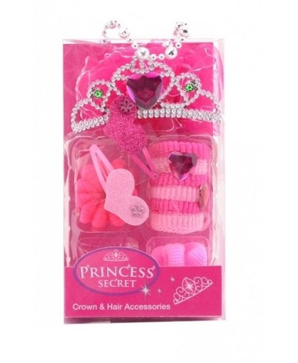 Johntoy prinsessen kroon en haar accessoires roze/donkerroze