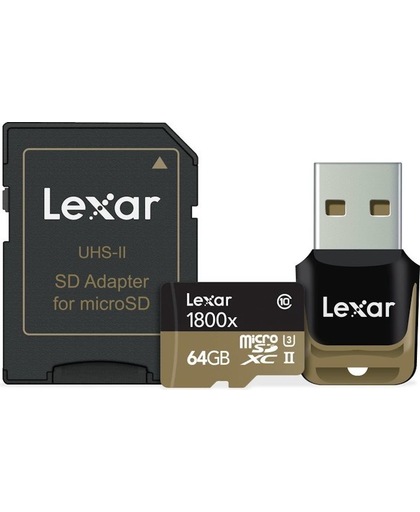 Lexar Professional Micro SD kaart 64GB met USB 3.0 reader en SD adapter
