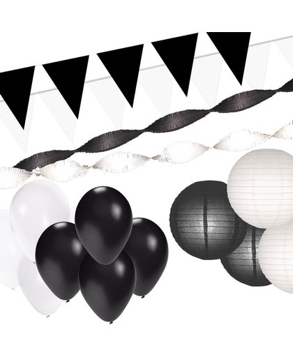 Zwart/Witte versiering pakket XXL - slingers / vlaggenlijnen / lampionnen en ballonnen