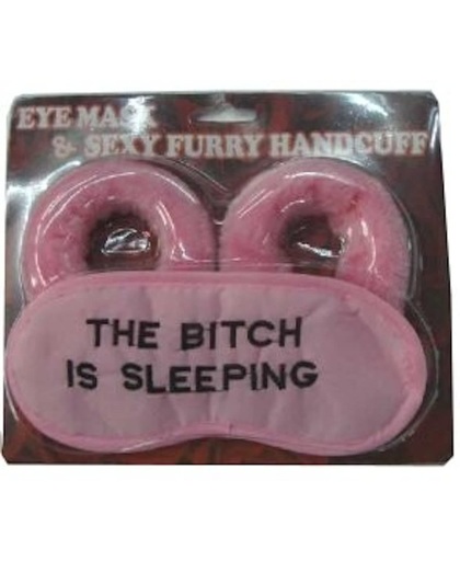 Handboeien roze pluche+oogmasker bitch sleeping