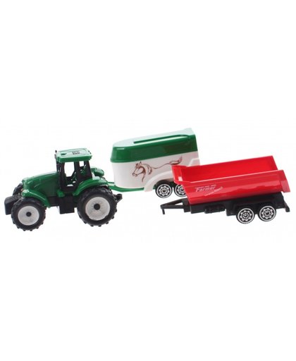 Toi Toys groene tractor met aanhangers wit/rood 7,5 cm