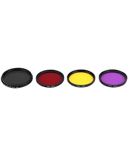 JUNESTAR 4 in 1 Professionele 52mm Lens Filter set (ND2-400 + rood + geel+ FLD / Paars) voor GoPro HERO5 / 4s / 4 / 3+ / 3 / 2 & Xiaomi Xiaoyi Yi I / II 4K & SJCAM Sport Actie Camera
