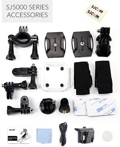 Sjcam SJ5000 series accessoires Bike Handlebar Seatpost Pole Mount  helmet base bandage Housing Backdoor with Holes  Velcro Strap Tripod Mount Adapter  3M Adhesive Tape  Cleaning Cloth  USB Cable Backpack Clip Mount Shell  Silicone Lens Cover