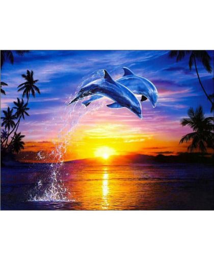 Ondergaande zon en dolfijnen - Diamond Painting 30x40 (Volledige bedekking - Vierkante steentjes)