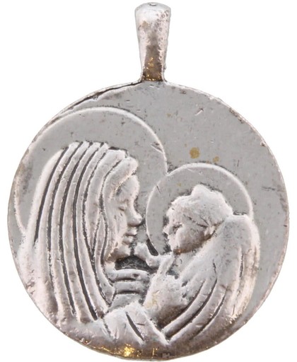 2-zijdige zilveren munt/hanger met religieuze afbeelding voor bij bijpassende ketting. Doorsnede 3 centimeter.