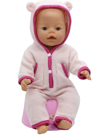 Roze zachte pyjama/onesie met cappuchon met oortjes -  poppenkleertjes voor pop 43 cm zoals Baby Born