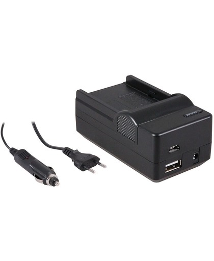Huismerk 4-in-1 acculader voor Sony NP-FM50 / NP-QM71 / NP-QM91 - compact en licht - laden via stopcontact, auto, USB en Powerbank