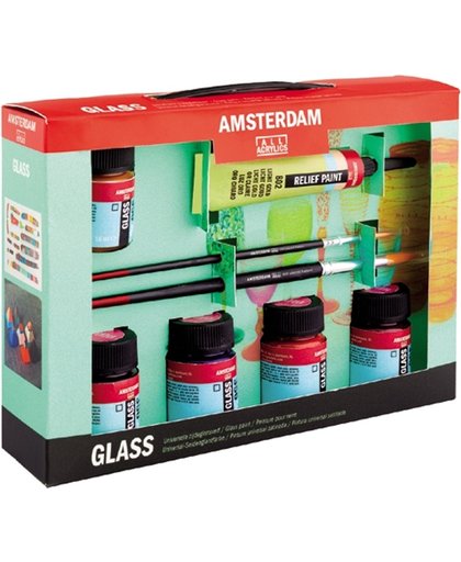 Amsterdam Deco glasverf 5 flacons 16ml met penselen en reliëfverf