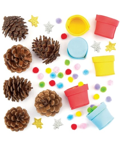 Sets met dennenappels en pompons voor de kerstboom. Leuke knutsel- en decoratiesets voor de kerst voor jongens en meisjes (6 stuks per verpakking)