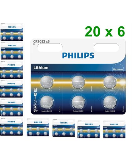 120 Stuks (20 blisters a 6st) - 6-Pack Philips CR2032 3v lithium knoopcelbatterij