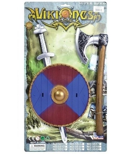 Viking zwaard met rood/blauw schild en bijl set